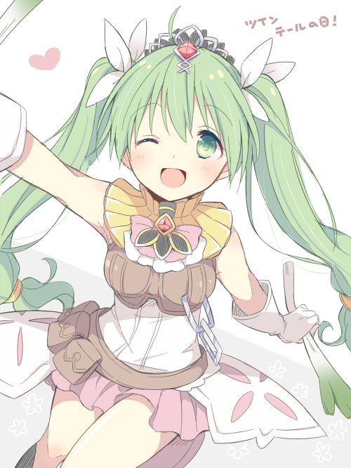 1girl ;d arm_up belt_pouch blush breasts commentary_request food frey_(rune_factory) gloves green_eyes green_hair hair_ribbon heart holding holding_food holding_spring_onion holding_vegetable long_hair looking_at_viewer medium_breasts mini_mamu one_eye_closed open_mouth pink_skirt pleated_skirt pouch ribbon rune_factory rune_factory_4 shirt simple_background sitting skirt sleeveless smile solo spring_onion tiara translation_request twintails twintails_day vegetable very_long_hair white_background white_gloves white_ribbon white_shirt