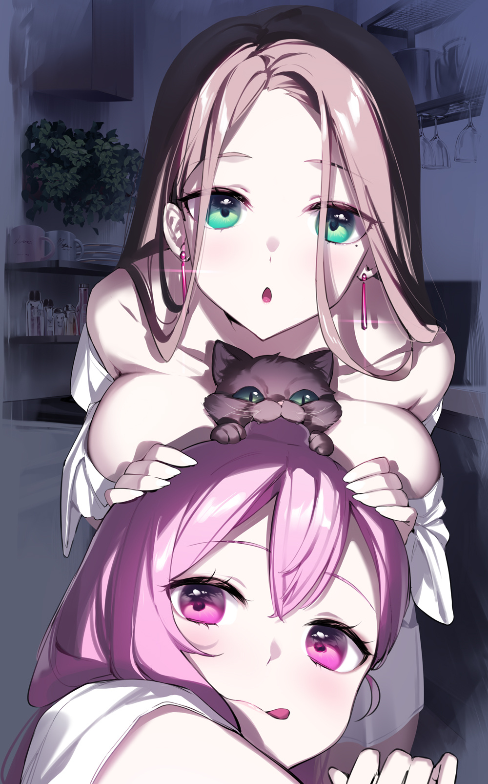 2girls :q animal_between_breasts blue_eyes breast_press breasts brown_hair cat chestnut_mouth earrings hand_on_another's_head highres indoors jewelry large_breasts long_hair looking_at_viewer multiple_girls original pink_eyes pink_hair plant tongue tongue_out yaguo