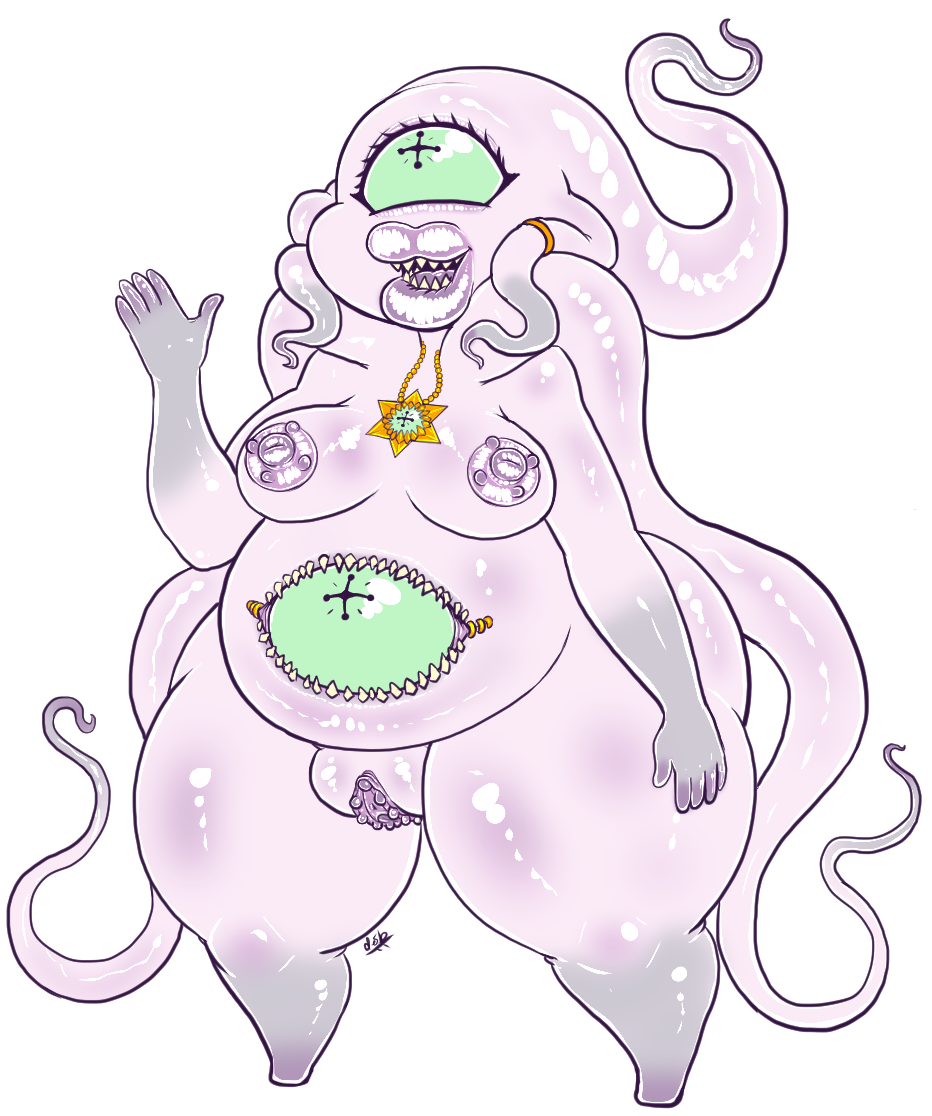 1_eye belly big_belly breasts bumpy_areolas desbjust eldritch_abomination eye_on_belly female genitals lips monster nipples obos'balzras_(desbjust) pendant pink_body pseudo_hair pussy sharp_teeth solo stomach_mouth teeth tentacle_hair tentacles thick_bottom_lip thick_lips