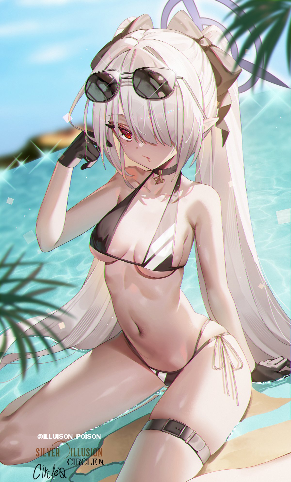 1girl armpit_crease bare_shoulders beach bikini black_bikini black_bow black_choker black_gloves blue_archive blurry blurry_background bow breasts choker collarbone day eyewear_on_head gloves grey_hair hair_bow hair_over_one_eye highres hwansang_jungdog iori_(blue_archive) long_hair looking_at_viewer navel ocean palm_tree red_eyes sand side-tie_bikini_bottom sitting skindentation small_breasts solo stomach sunglasses sunlight swept_bangs swimsuit thigh_strap tree twintails very_long_hair wariza water