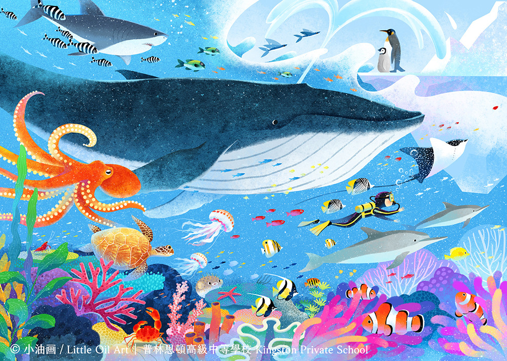 1boy animal_focus artist_name bird chinese_text clownfish coral coral_reef crab dolphin english_text fish flying_fish jellyfish jhao-yu_shih ocean octopus original penguin sea_turtle sea_urchin shark starfish tropical_fish turtle underwater whale