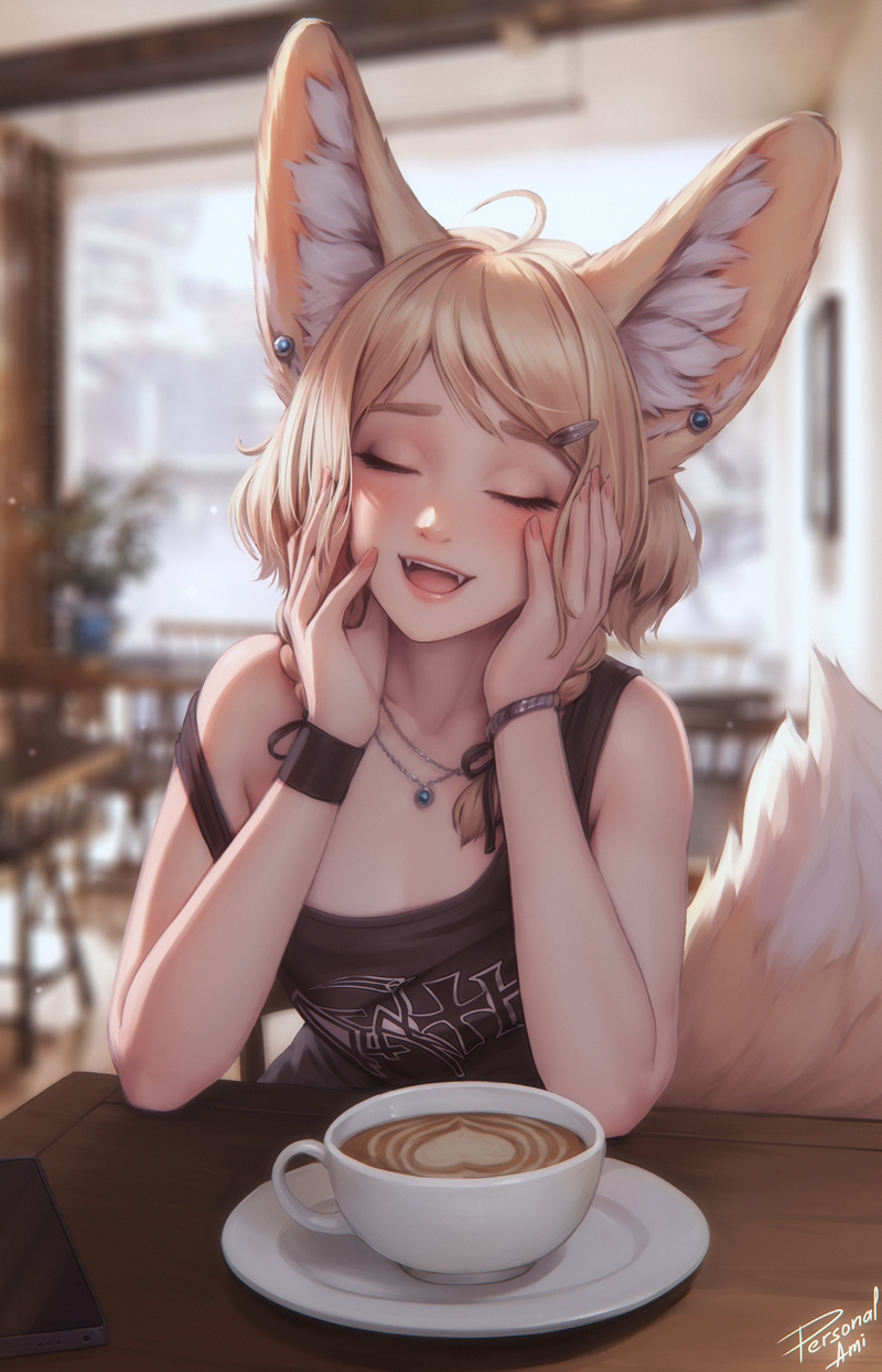 1girl ahoge animal_ear_piercing animal_ears black_tank_top blonde_hair bracelet braid cafe closed_eyes cup fangs flat_chest fox_ears fox_girl fox_tail hair_ornament hairclip hands_on_own_cheeks hands_on_own_face highres indoors jewelry khiara_(personal_ami) large_ears medium_hair necklace open_mouth original personal_ami signature solo strap_slip tail tank_top upper_body