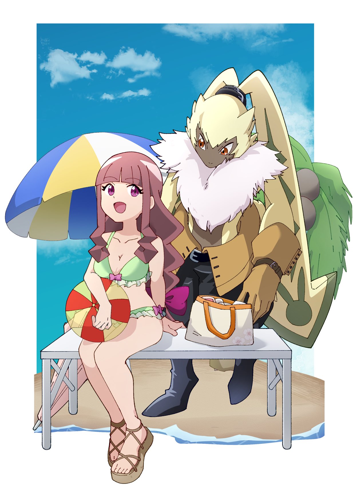 anthro bandai_namco beach bikini bottomwear brown_hair clothing digimon digimon_ghost_game duo female fluffy_chest fur gloves hair handwear hata4455ori hi_res human lagomorph leporid long_ears long_hair male mammal orange_eyes pants ponytail_ears rabbit ruri_tsukiyono seaside shirtless small_waist swimwear symbareangoramon yellow_body yellow_fur