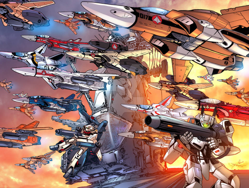 aiming battroid choujikuu_yousai_macross cloud dusk energy_cannon english_commentary fleet flying glowing gunpod jolly_roger machinery macross macross:_do_you_remember_love? mecha missile nuclear_weapon pilot robot robotech roundel science_fiction sdf-1 signature spacecraft sullivanillustration u.n._spacy variable_fighter vf-1 vf-1_strike vf-1_super vf-1a vf-1d vf-1j vf-1s western_comics_(style) when_you_see_it