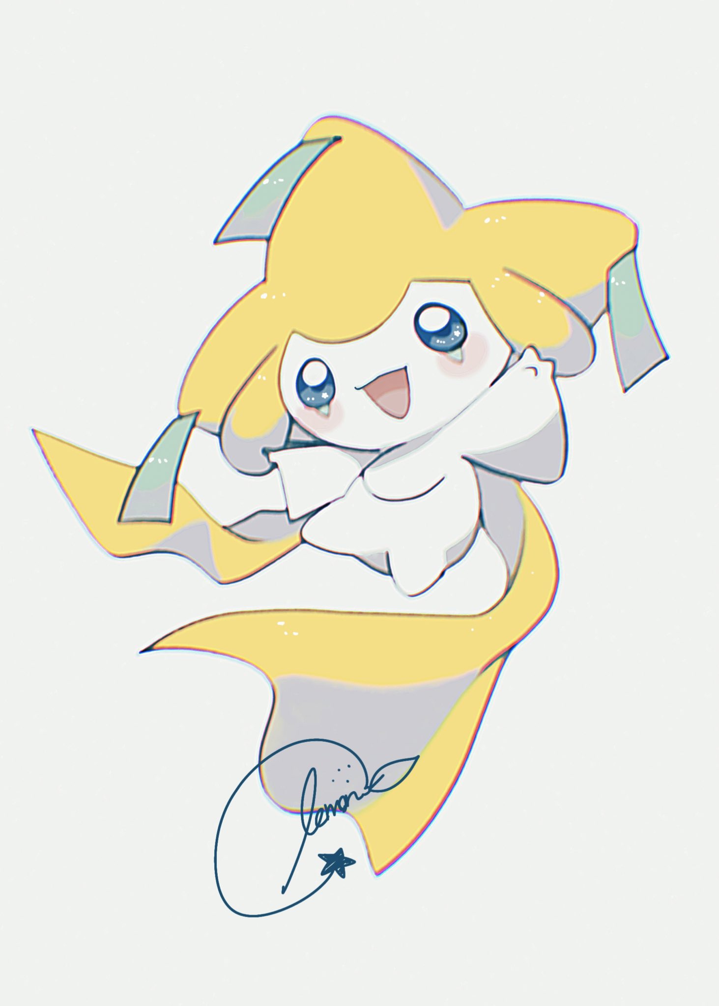 blush highres jirachi looking_at_viewer no_humans open_mouth pokemon pokemon_(creature) remon_(920moomin) signature simple_background solo watermark white_background