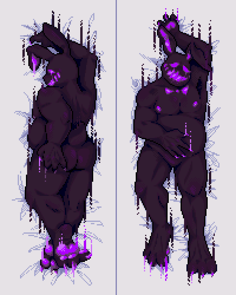 2023 anthro bow_tie bunnysuitconman claws dakimakura_design digital_media_(artwork) five_nights_at_freddy's five_nights_at_freddy's_vr:help_wanted glitchtrap goo_creature lagomorph leporid looking_at_viewer looking_back male mammal nipples open_mouth pawpads pixel_(artwork) rabbit scottgames scut_tail short_tail smile solo tail toe_claws