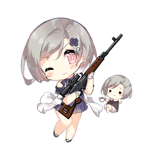 2girls :&gt; =_= bare_legs bare_shoulders black_footwear blue_dress blue_flower blue_ribbon blush blush_stickers brown_dress chibi closed_mouth crossed_legs cup dragunov_svd dress fairy_(girls'_frontline) flower footwear_flower full_body girls'_frontline gloves grey_hair gun hair_flower hair_ornament hand_on_own_cheek hand_on_own_face holding holding_cup holding_gun holding_weapon looking_at_viewer mole mole_under_mouth multiple_girls neck_ribbon off-shoulder_dress off_shoulder official_art one_eye_closed pink_eyes ribbon rifle saru scope short_hair simple_background slit_pupils sniper_fairy_(girls'_frontline) sniper_rifle teacup third-party_source transparent_background weapon white_gloves