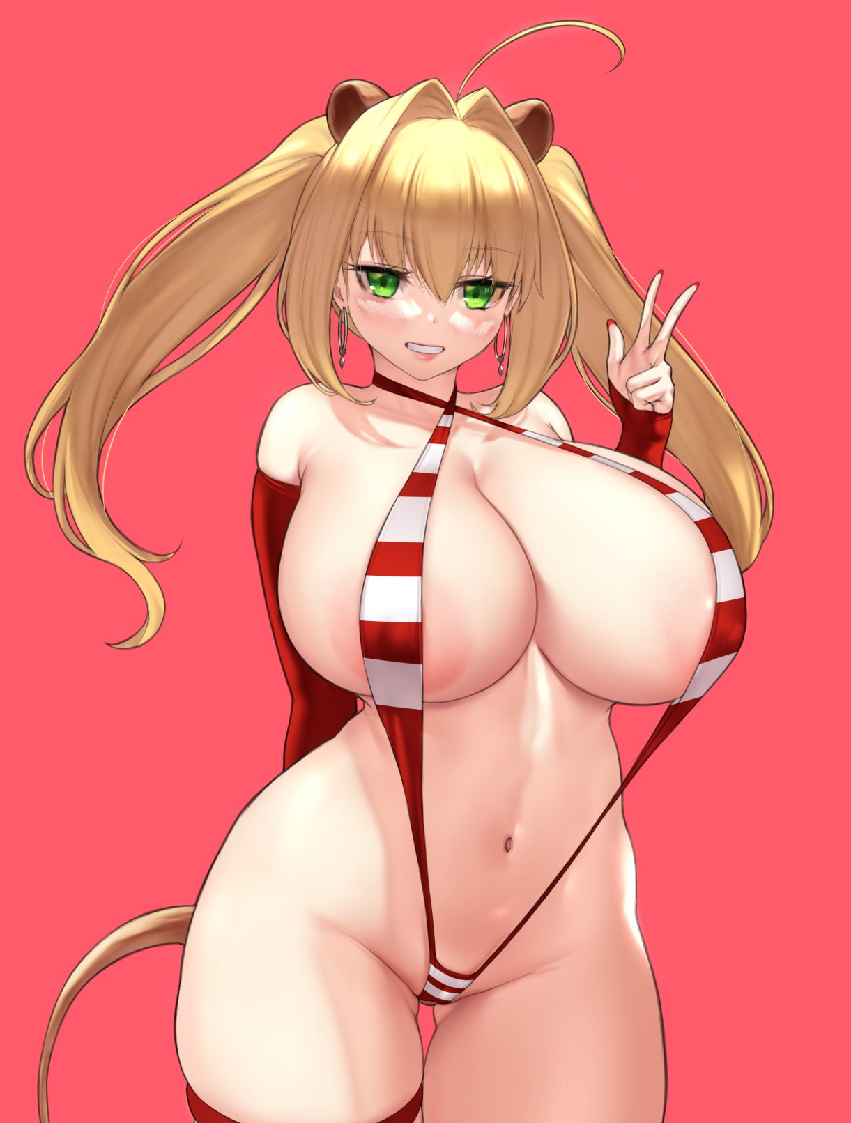 1girl ahoge aster_crowley bare_shoulders blonde_hair blush breasts fate/extra fate_(series) green_eyes grin hair_intakes highres huge_breasts long_hair looking_at_viewer nero_claudius_(fate) nero_claudius_(fate/extra) slingshot_swimsuit smile solo swimsuit