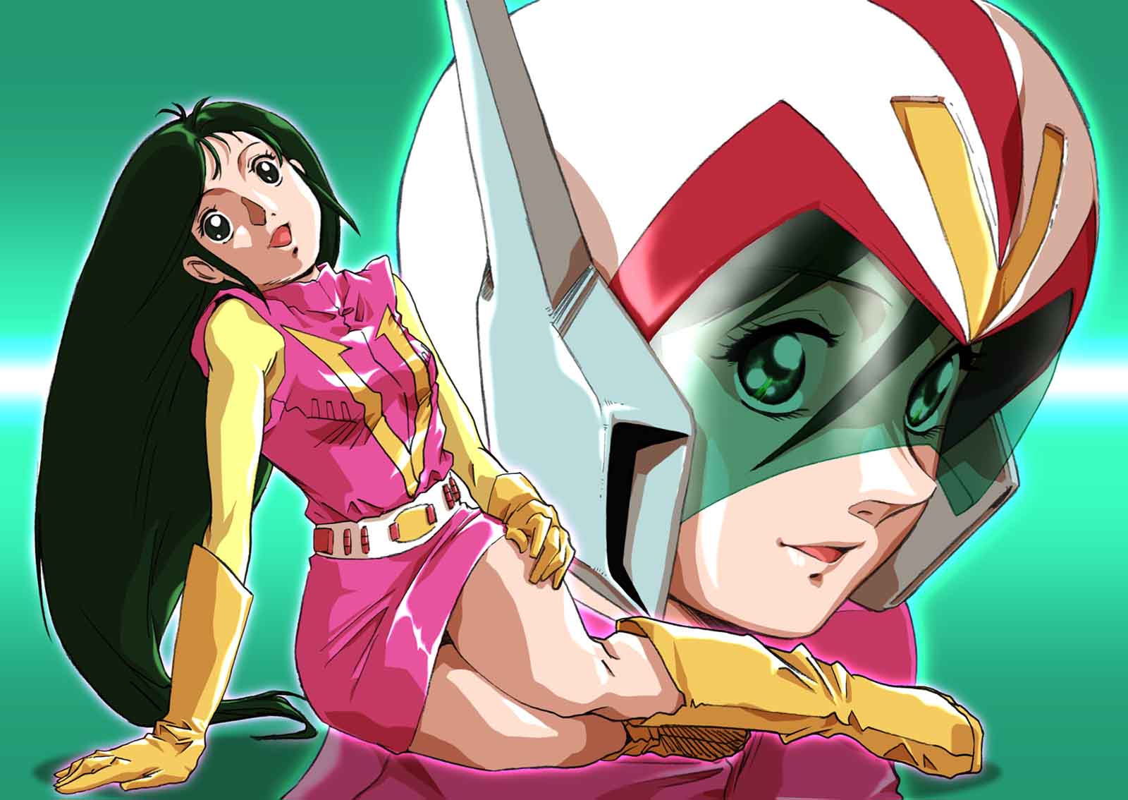1girl boots breasts choudenji_robo_combattler_v dress gloves green_background green_hair hand_on_own_thigh head_tilt helmet highres long_hair looking_at_viewer multiple_views nanbara_chizuru nishimura_nobuyoshi open_mouth pilot_suit pink_dress sitting small_breasts smile very_long_hair yellow_footwear yellow_gloves