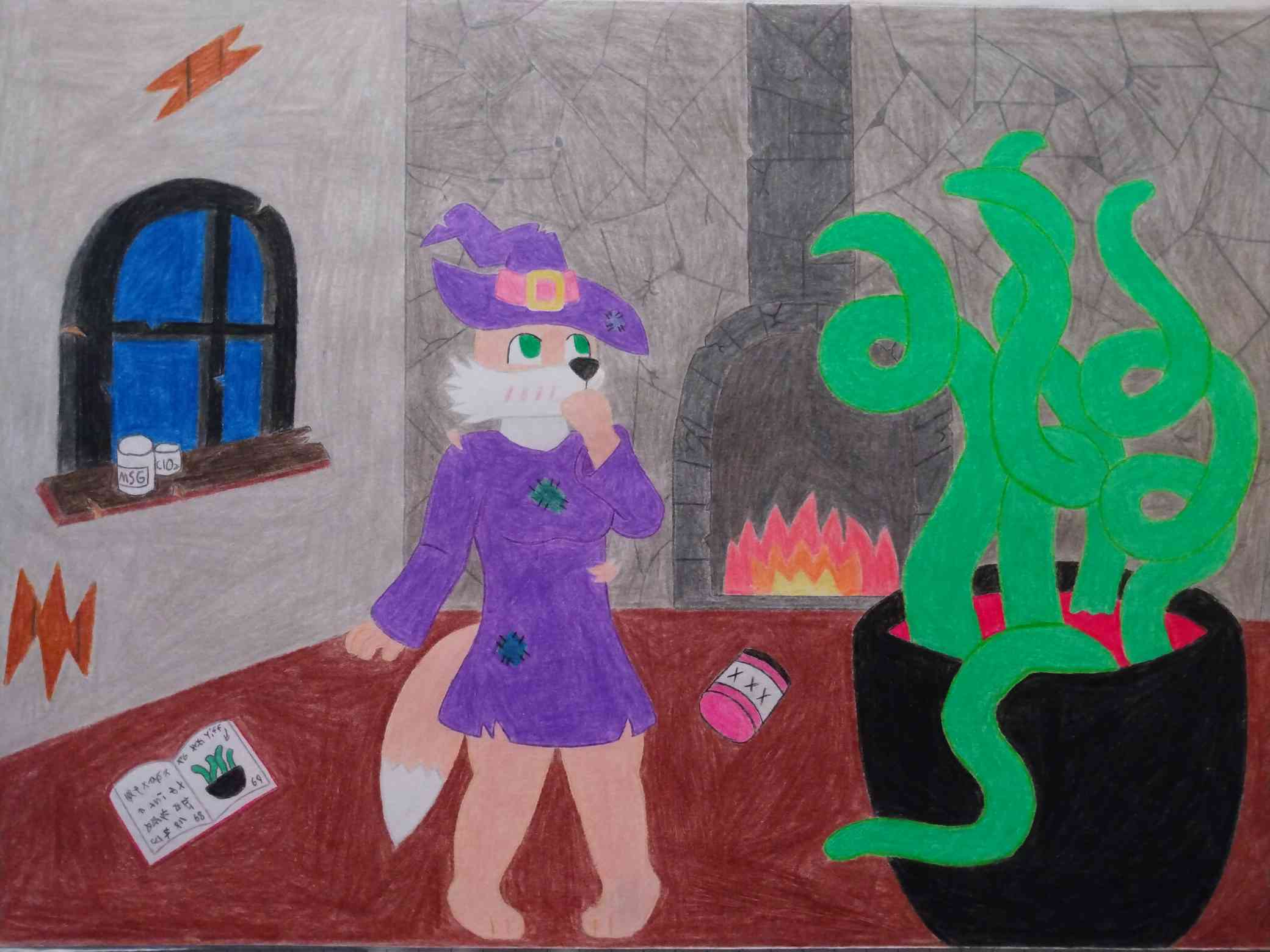 anthro blush book bottle canid canine cauldron cheek_tuft chemicals clothing container covering covering_mouth facial_tuft feet female fennec fire fireplace fluffy fluffy_tail fox fur green_eyes hat headgear headwear hi_res magic_user mammal moustruct paws purple_clothing purple_hat purple_headwear robe runic_text spellbook stone_wall tail tan_body tan_fur tentacles torn_clothing tuft wall_(structure) window witch witch_hat zofie_(zofia)