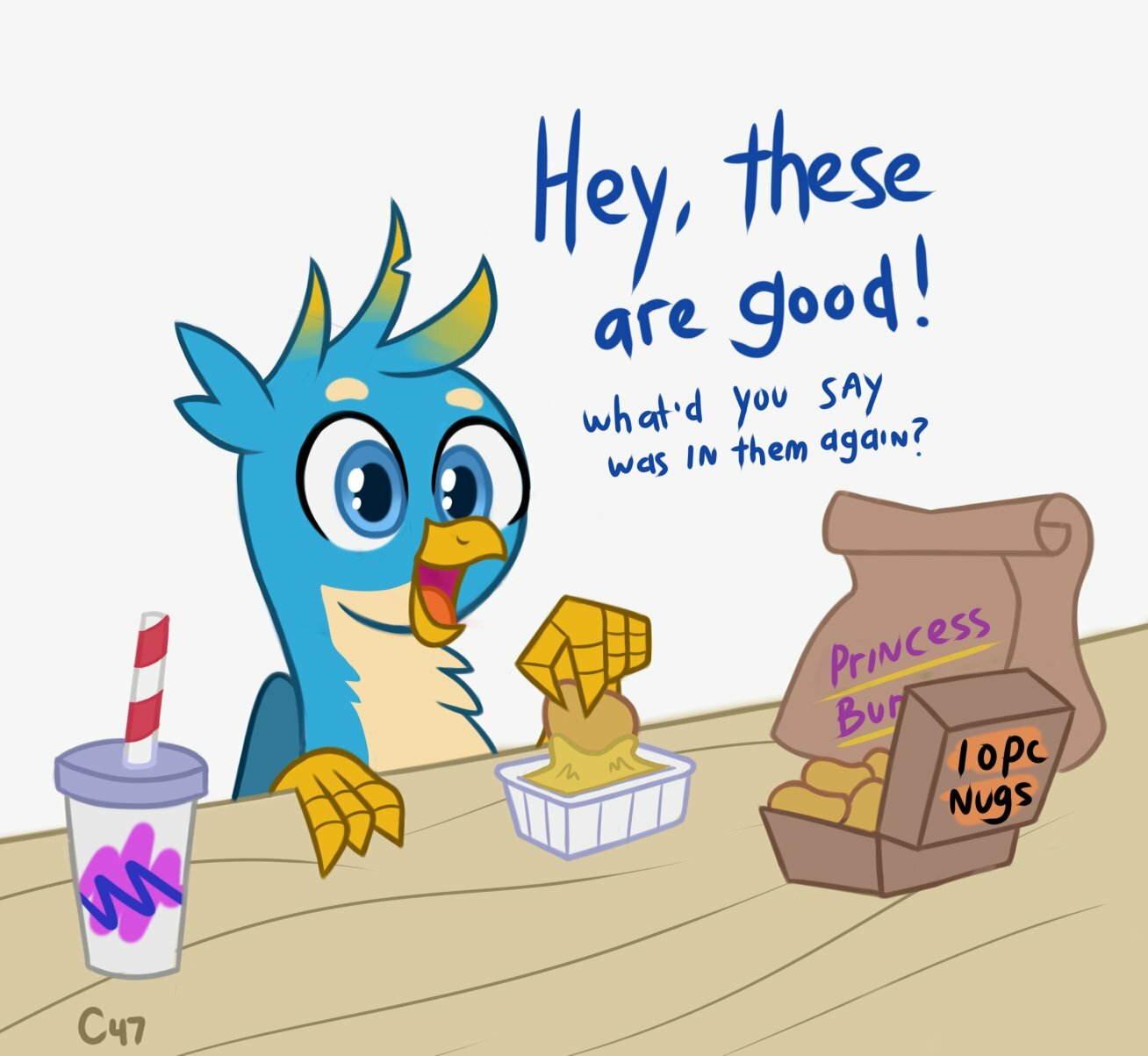 2020 4_fingers avian bag beak blue_body blue_eyes blue_feathers blue_fur box chest_tuft chicken_meat chicken_nugget container cup dialogue digital_media_(artwork) eyebrows feathers feral fingers food friendship_is_magic fur furniture gallus_(mlp) gryphon handgunboi hasbro hi_res holding_food holding_object male meat multicolored_body multicolored_fur my_little_pony mythological_avian mythology open_mouth open_smile simple_background smile solo straw table talons tan_body tan_fur tuft two_tone_body two_tone_fur white_background wings wood