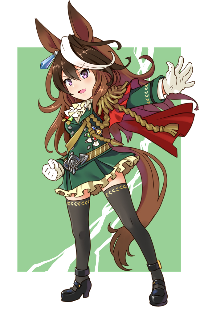 1girl aiguillette animal_ears ascot belt black_footwear black_thighhighs brown_belt brown_hair brown_skirt cape commentary earrings epaulettes frilled_skirt frills full_body gesture gloves green_jacket high_heels horse_ears horse_girl jacket jewelry katahira_masashi long_hair long_sleeves looking_to_the_side miniskirt multicolored_hair open_mouth outside_border pleated_skirt purple_eyes red_cape single_epaulette skirt smile solo standing streaked_hair symboli_rudolf_(umamusume) thighhighs umamusume white_gloves white_hair