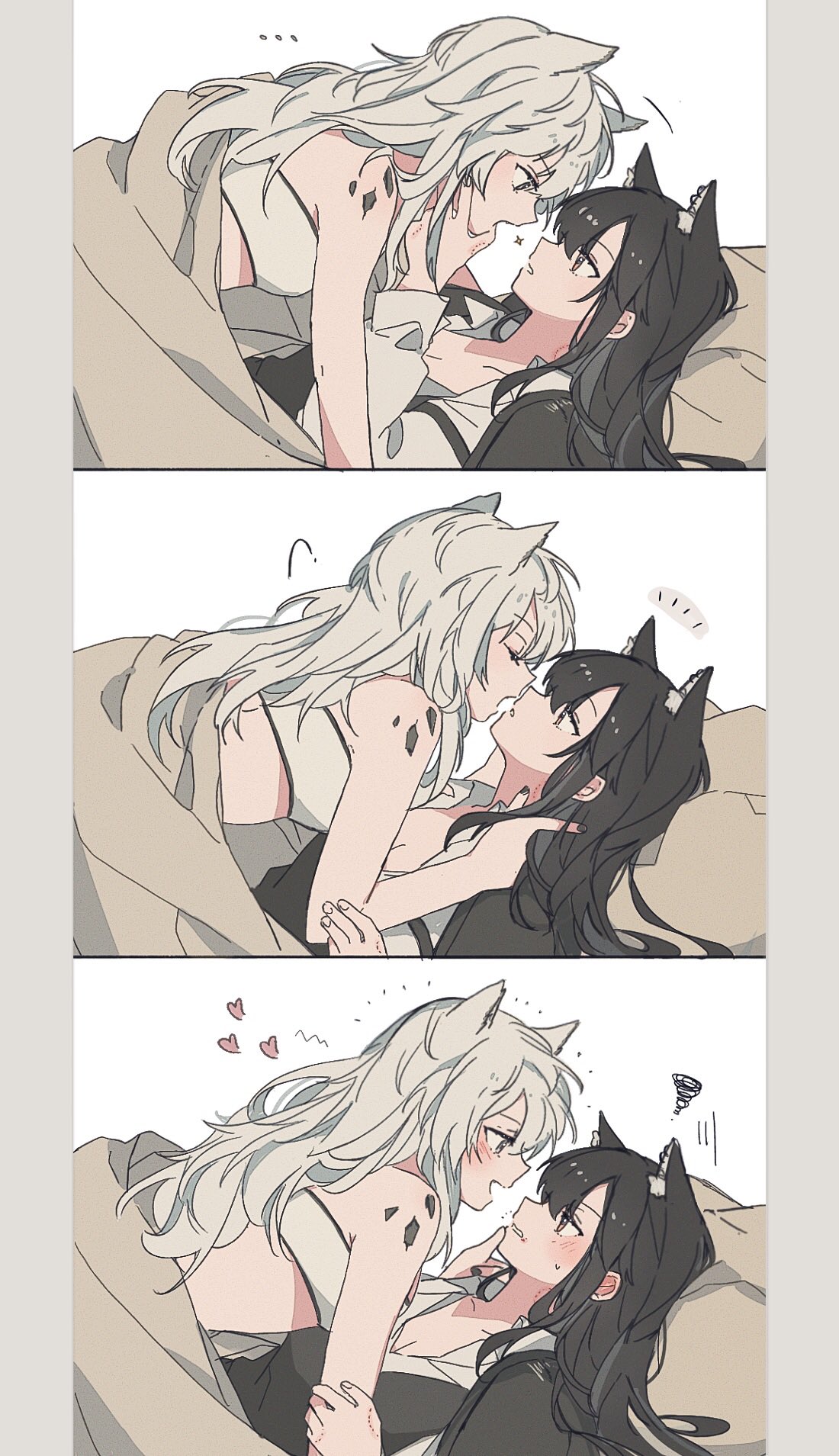2girls animal_ears annoyed arknights black_hair blush breasts cleavage closed_eyes collared_shirt girl_on_top heart highres lappland_(arknights) long_hair looking_at_another lying multiple_girls on_back on_bed open_mouth pillow seri_(vyrlw) shirt smile strapless texas_(arknights) tube_top white_hair white_shirt wolf_ears wolf_girl yuri