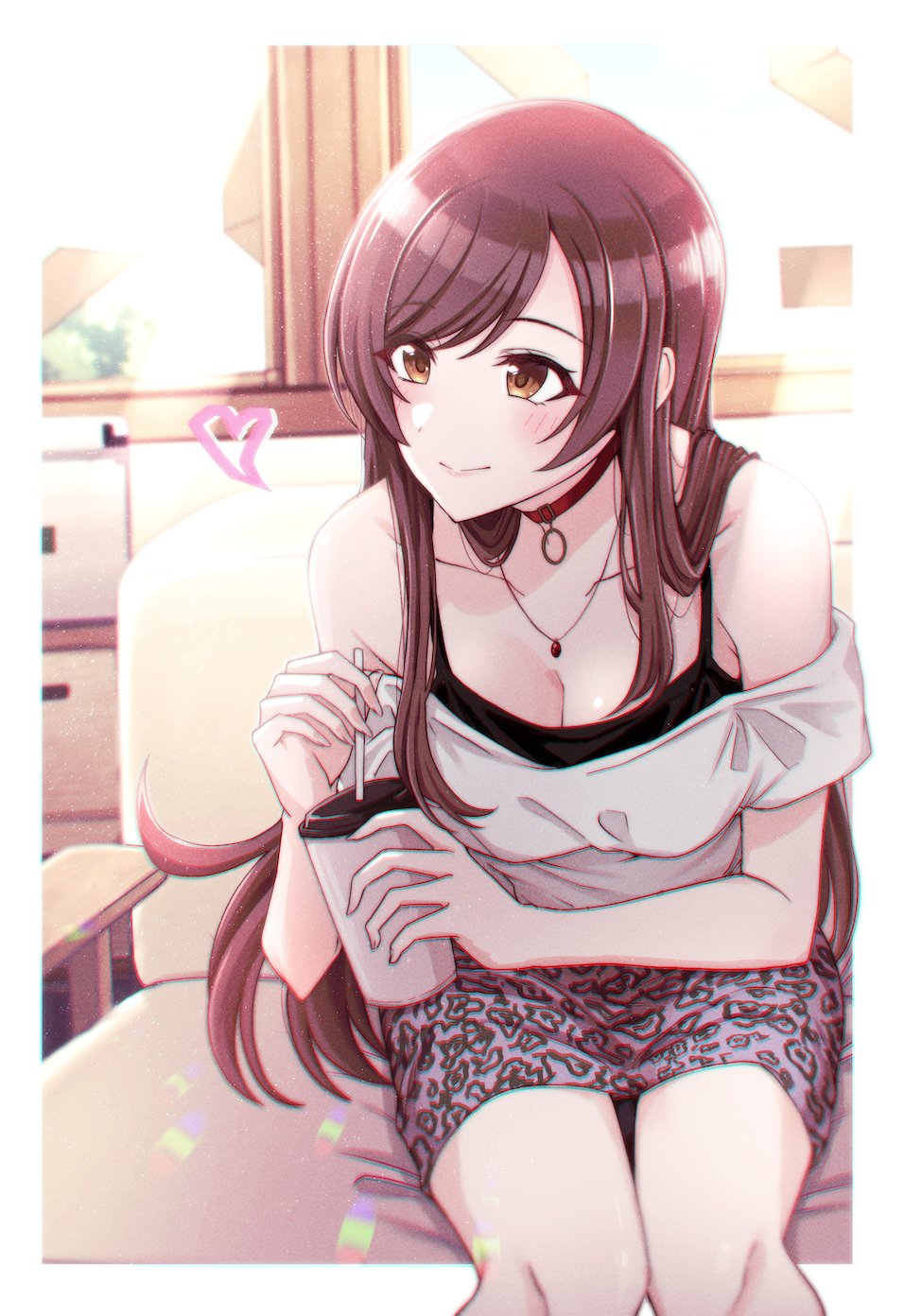 1girl animal_print bare_shoulders bendy_straw blush breasts choker cleavage closed_mouth collarbone cup disposable_cup drink drinking_straw highres holding holding_cup holding_drink idolmaster idolmaster_shiny_colors indoors jewelry kusaka_io leaning_forward leopard_print long_hair medium_breasts necklace o-ring o-ring_choker osaki_amana pink_skirt red_choker red_hair shirt sitting skirt smile solo swept_bangs white_shirt yellow_eyes