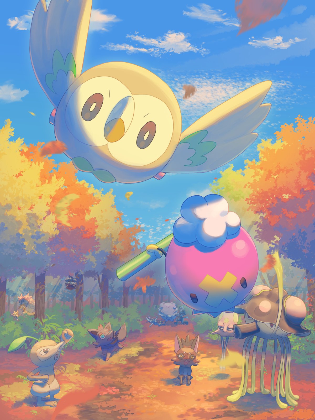 autumn bird blissey bush cinderace cloud commentary_request day deerling drifloon falling_leaves flying highres holding leaf lucario mokukitusui nickit no_humans nuzleaf outdoors path pineco pokemon pokemon_(creature) rowlet sawsbuck sky toedscool toedscruel tree zorua