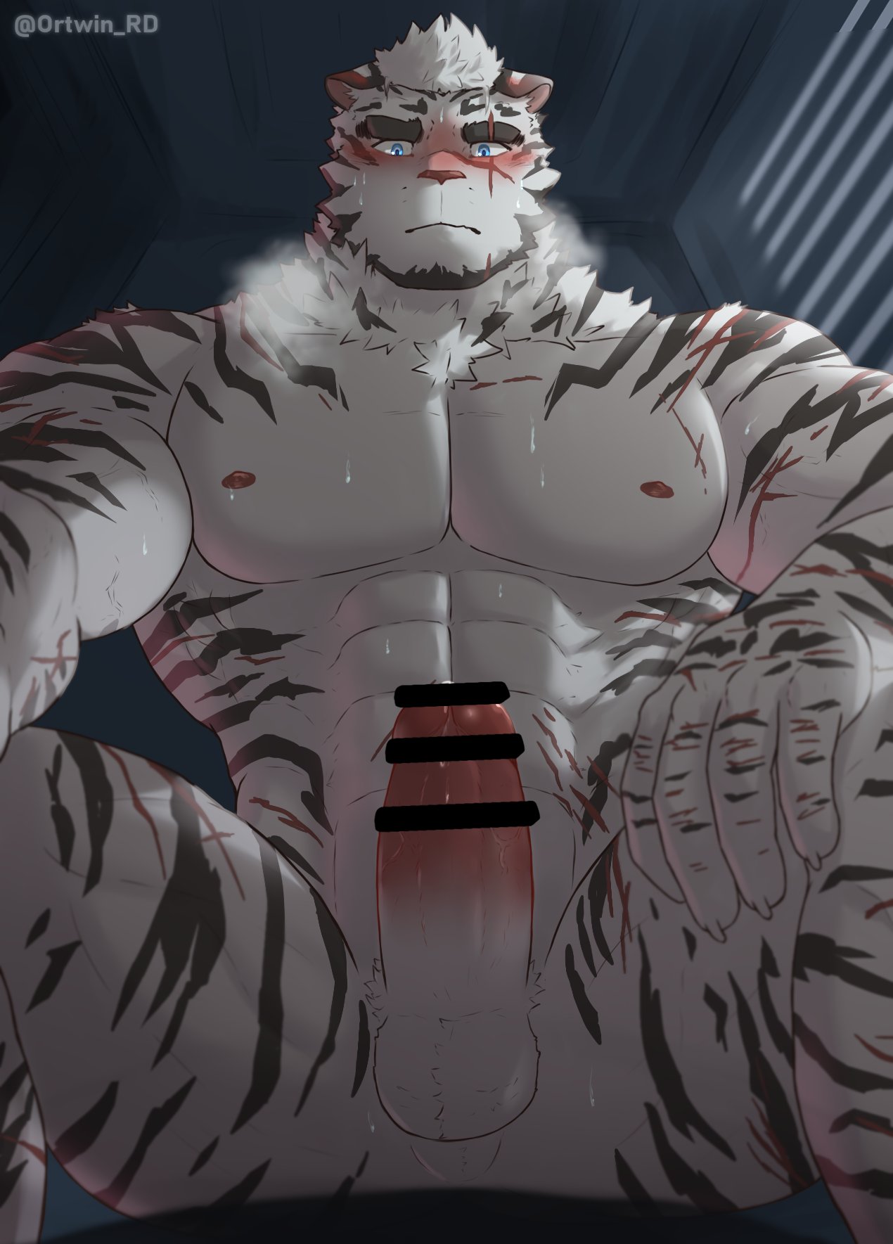 1boy abs animal_ears arknights bar_censor bara blush breath bulge censored completely_nude erection facial_hair feet_out_of_frame from_below furry furry_male girthy_penis goatee highres large_pectorals looking_at_penis looking_at_viewer male_focus manspreading mountain_(arknights) muscular muscular_male nipples nude orea-doi pectorals penis precum scar scar_across_eye short_hair solo stomach thick_eyebrows thick_thighs thighs tiger_boy tiger_ears v-taper veins veiny_penis white_fur white_hair