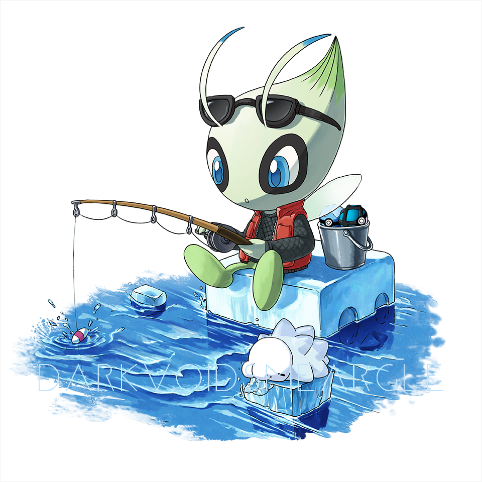 artist_name blue_eyes celebi clothed_pokemon commentary darkvoiddoble eiscue eiscue_(ice) eyewear_on_head fishing fishing_rod holding holding_fishing_rod ice ice_cube long_sleeves no_humans parted_lips pokemon pokemon_(creature) red_vest shirt sitting snom sunglasses vest water watermark zipper