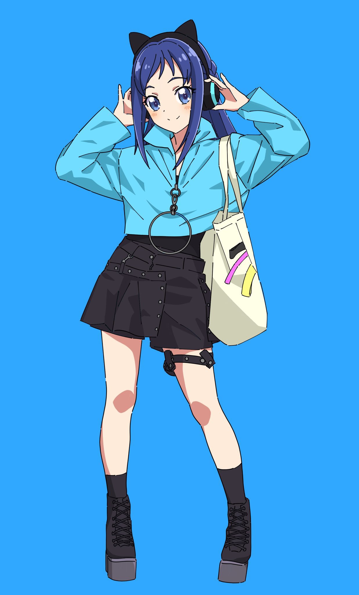 1girl adjusting_headphones animal_ear_headphones animal_ears aqua_jacket arms_up black_footwear black_shirt black_shorts black_socks blue_background blue_eyes blue_hair braid cat_ear_headphones dokidoki!_precure fake_animal_ears full_body headphones highres hishikawa_rikka jacket kneehighs kousuke0912 long_hair precure shirt shorts simple_background skort smile socks solo standing thigh_strap tote_bag