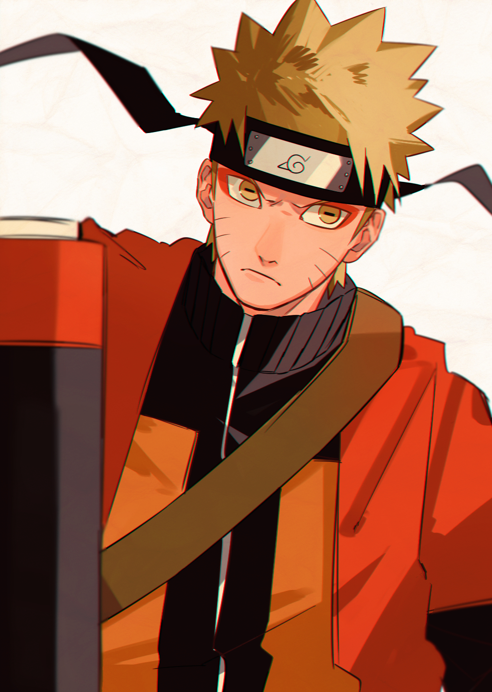 1boy black_headband blonde_hair closed_mouth facial_mark furrowed_brow headband highres jacket male_focus mirin_(coene65) naruto naruto_(series) orange_jacket rectangular_pupils short_hair simple_background solo spiked_hair upper_body uzumaki_naruto whisker_markings white_background