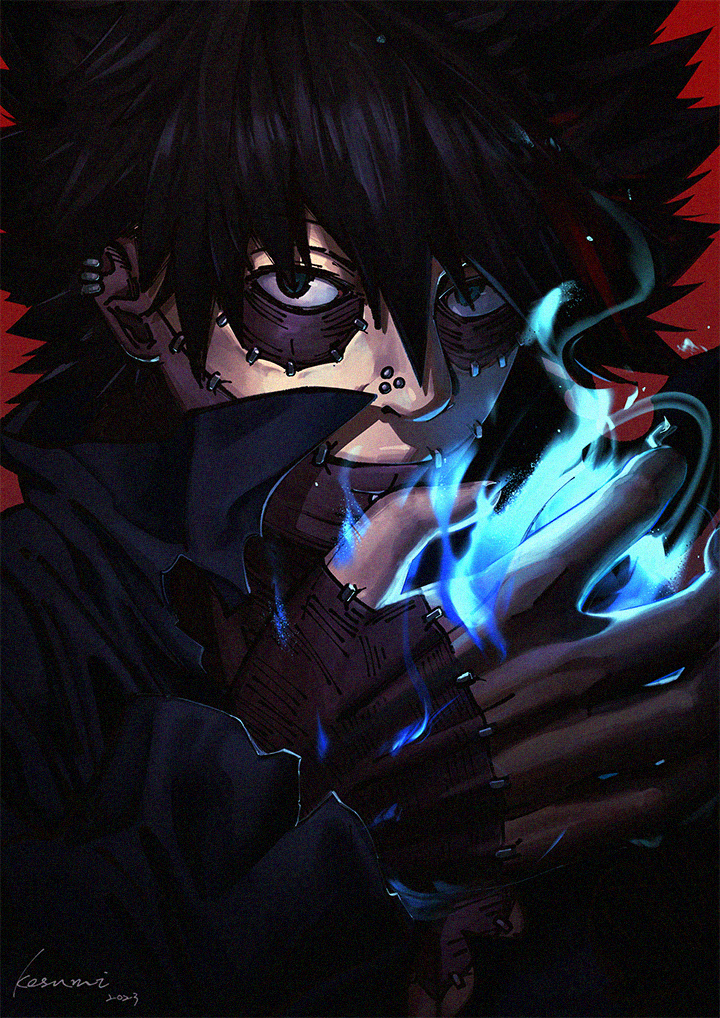 1boy black_hair black_jacket blue_eyes blue_fire boku_no_hero_academia closed_mouth commentary_request dabi_(boku_no_hero_academia) dated ear_piercing fire hair_between_eyes hand_up jacket kosumi long_sleeves looking_at_viewer male_focus nose_piercing patchwork_skin piercing pyrokinesis red_background signature simple_background sleeves_past_wrists smile solo stitches upper_body