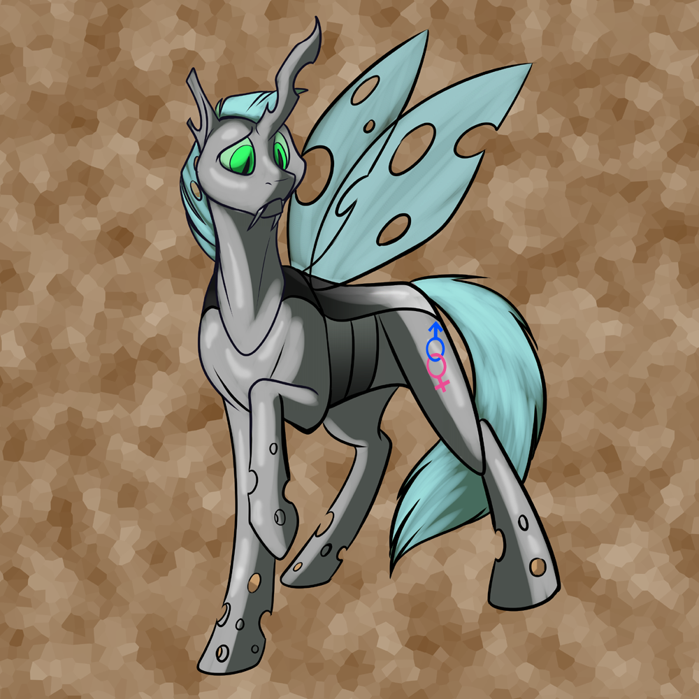 arthropod blue_hair changeling cutie_mark fangs female feral foxenawolf free_agent_(mlp) friendship_is_magic goldfur's_cogsverse green_eyes grey_body hair hasbro hole_(anatomy) horn insect_wings my_little_pony pupils slit_pupils solo teeth unicorn_horn wings