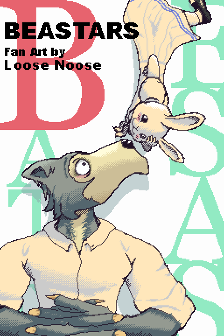 anthro beastars blush canid canine claws clothing dress duo eye_contact female footwear fur grey_body grey_fur hand_on_head hand_on_hip hands_on_stomach haru_(beastars) interlocked_fingers lagomorph legoshi_(beastars) leporid looking_at_another loose_noose male male/female mammal rabbit shadow shirt shoes simple_background smile t-shirt text topwear white_background white_body white_eyes white_fur