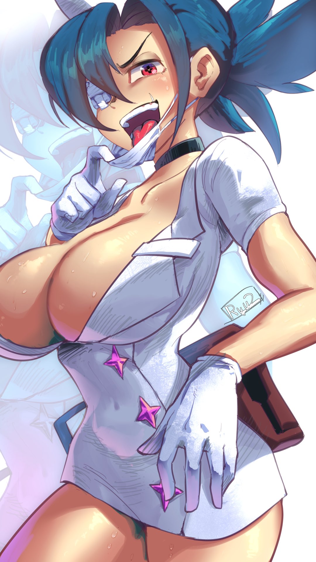 1girl black_choker blue_hair breasts choker cleavage cross-shaped_pupils eyepatch gloves hat highres large_breasts long_hair looking_at_viewer mask mask_pull medical_eyepatch mouth_mask nurse nurse_cap open_mouth red_eyes ryuji_(red-truth) short_sleeves simple_background skullgirls smile standing symbol-shaped_pupils teeth tongue tongue_out upper_teeth_only valentine_(skullgirls) white_background white_gloves