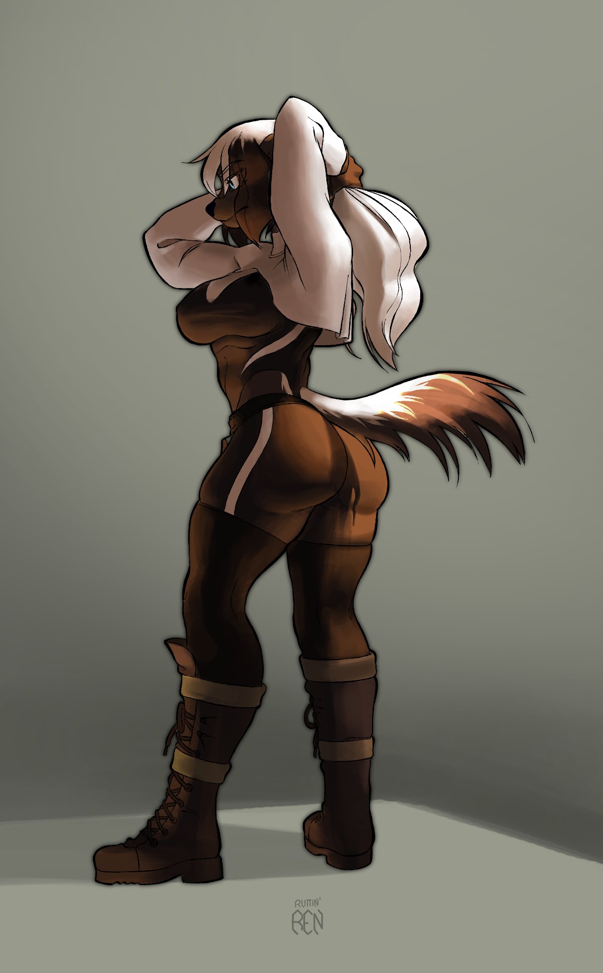 2023 anthro artist_name blue_eyes boots breasts brown_body brown_fur butt canid canine canis clothed clothing digital_drawing_(artwork) digital_media_(artwork) domestic_dog female footwear fully_clothed fur hair hi_res looking_away mammal medium_breasts ruttinren signature standing tail white_hair
