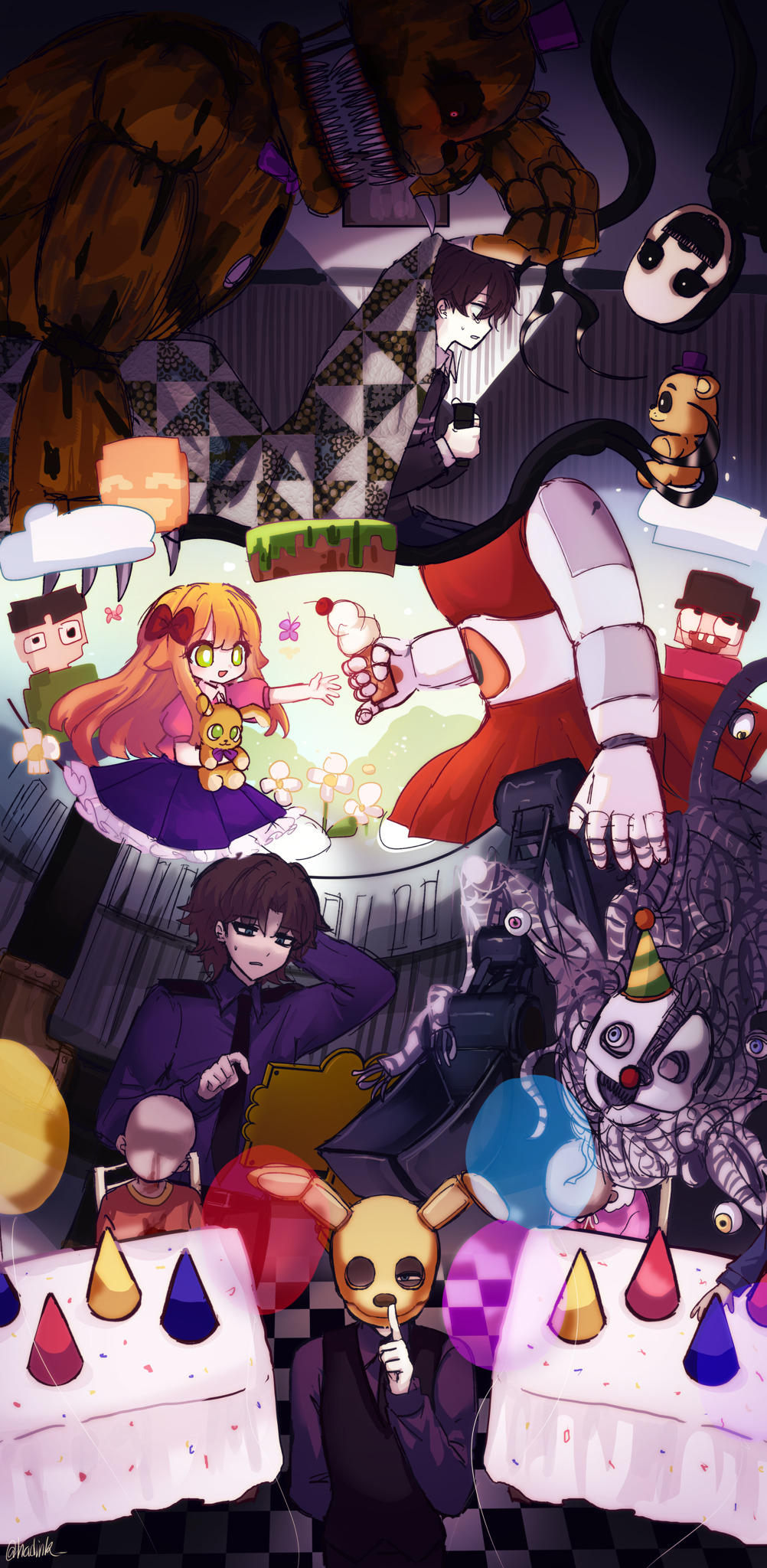 1girl 3boys 6+others :d arm_behind_back arm_behind_head artist_name bad_id bad_tumblr_id balloon bear behind_another black_necktie black_sclera black_vest blood blood_on_teeth blue_eyes bow bowtie bright_pupils brown_hair buck_teeth bug butterfly cable chair character_doll checkered_floor cherry child circus_baby_(fnaf) cloud clown_nose colored_sclera commentary corpse crying_child_(fnaf) dark death doll elevator_shaft elizabeth_afton english_commentary ennard extra_eyes faceless_other family finger_to_mouth five_nights_at_freddy's five_nights_at_freddy's:_sister_location five_nights_at_freddy's_4 flashlight flashlight_beam floating flower food frayed_cable fredbear_(fnaf) frilled_skirt frills fruit giving green_eyes grey_shirt hair_bow half-closed_eyes hat highres hiji_(hijichan) holding holding_doll holding_flashlight holding_food holding_ice_cream holding_ice_cream_cone horror_(theme) ice_cream long_hair long_sleeves mask michael_afton mini_hat mini_top_hat monitor multiple_boys multiple_others necktie nightmare_fredbear nightmarionne nosebleed open_mouth orange_hair parted_lips partially_shaded_face party_hat picture_frame pink_eyes pink_shirt pinky_out purple_bow purple_bowtie purple_headwear purple_shirt purple_skirt rabbit_mask reaching red_bow red_eyes red_skirt robot sharp_teeth shirt short_hair short_sleeves shushing sitting skirt smile spoilers spring_bonnie_(fnaf) stuffed_toy sweatdrop table tablecloth teeth tentacles top_hat under_covers upside-down vanilla vest white_flower white_pupils william_afton yellow_eyes