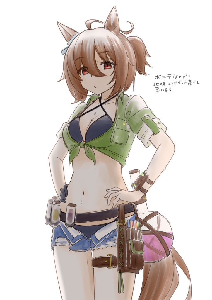 1girl agnes_tachyon_(lunatic_lab)_(umamusume) agnes_tachyon_(umamusume) ahoge animal_ears belt belt_pouch bikini bikini_shorts black_bikini black_gloves breasts brown_eyes brown_hair canister cleavage collarbone commentary cowboy_shot criss-cross_halter denim denim_shorts ear_ornament flask gloves green_jacket hair_between_eyes halterneck hands_on_own_hips horse_ears horse_girl horse_tail jacket micro_shorts official_alternate_costume official_alternate_hairstyle open_clothes open_shorts pouch round-bottom_flask short_hair short_ponytail shorts single_glove sketch sleeves_rolled_up solo summer's_sunlight_fades_to_blue_(umamusume) swimsuit tail test_tube tied_jacket torn_clothes torn_shorts translation_request umamusume youdie