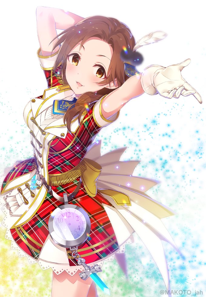 1girl across_the_stars_(idolmaster) arms_up blue_necktie blush breasts brown_eyes brown_hair clock dot_nose dress feather_hair_ornament feathers gloves hair_ornament idolmaster idolmaster_cinderella_girls idolmaster_cinderella_girls_starlight_stage kawashima_mizuki long_hair looking_at_viewer medium_breasts mizuki_makoto multicolored_background multicolored_clothes necktie open_mouth plaid plaid_dress short_sleeves simple_background smile solo twitter_username white_gloves