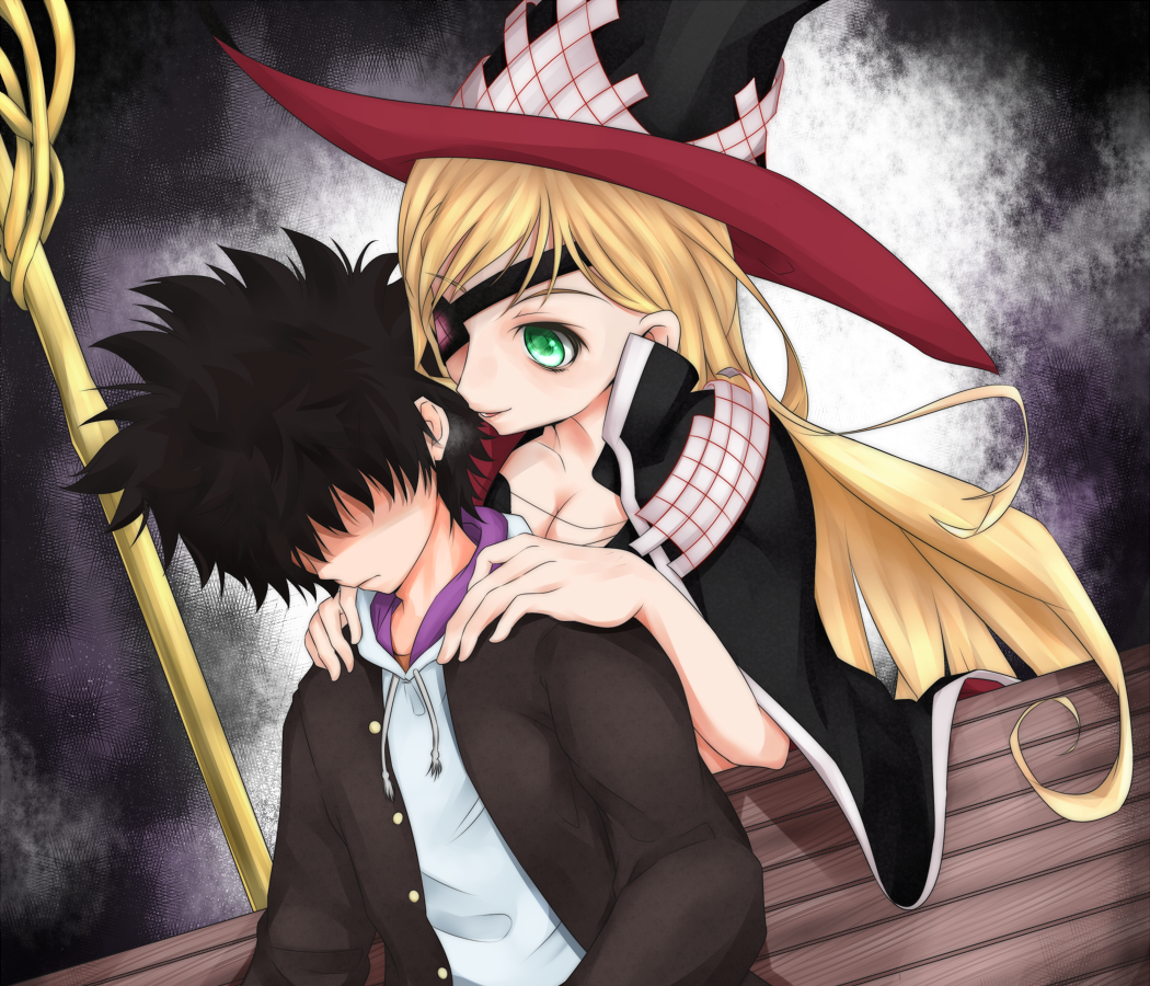 1boy 1girl bench black_hair black_jacket blonde_hair breasts cape cleavage closed_mouth commentary_request eyepatch green_eyes grey_background gungnir_(toaru) hands_on_another's_shoulders hands_up hat hood hood_down hoodie jacket kamijou_touma long_hair long_sleeves medium_breasts no_eyes open_clothes open_jacket othinus park_bench parted_lips polearm scene_reference shaded_face shin_(highest1192) short_hair sitting sitting_on_bench smile spear spiked_hair toaru_majutsu_no_index toaru_majutsu_no_index:_new_testament very_long_hair weapon whispering_in_ear white_hood white_hoodie witch_hat