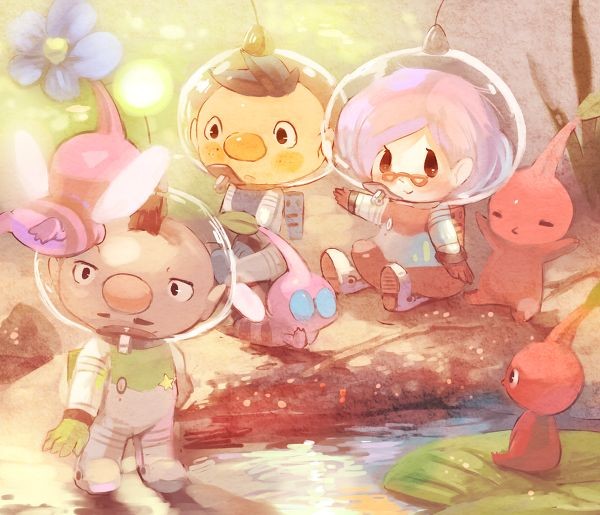 1girl 2boys alien alph_(pikmin) b_spa_gyoreva backpack bad_id bad_pixiv_id badge bag big_nose blue_bag blue_eyes blue_gloves blue_hair blush brittany_(pikmin) brown_hair charlie_(pikmin) closed_eyes commentary_request driftwood eyelashes facial_hair flower flying freckles gloves green_bag green_gloves hand_up hands_on_lap insect_wings leaf looking_ahead looking_at_another lying mohawk multiple_boys mustache on_stomach outstretched_arms pikmin_(series) pink_bag pink_gloves pink_hair pink_skirt pointy_ears pointy_nose purple_flower radio_antenna red_pikmin river rock shady_eyes short_hair sitting skirt space_helmet spacesuit star_(symbol) tiny whistle winged_pikmin wings