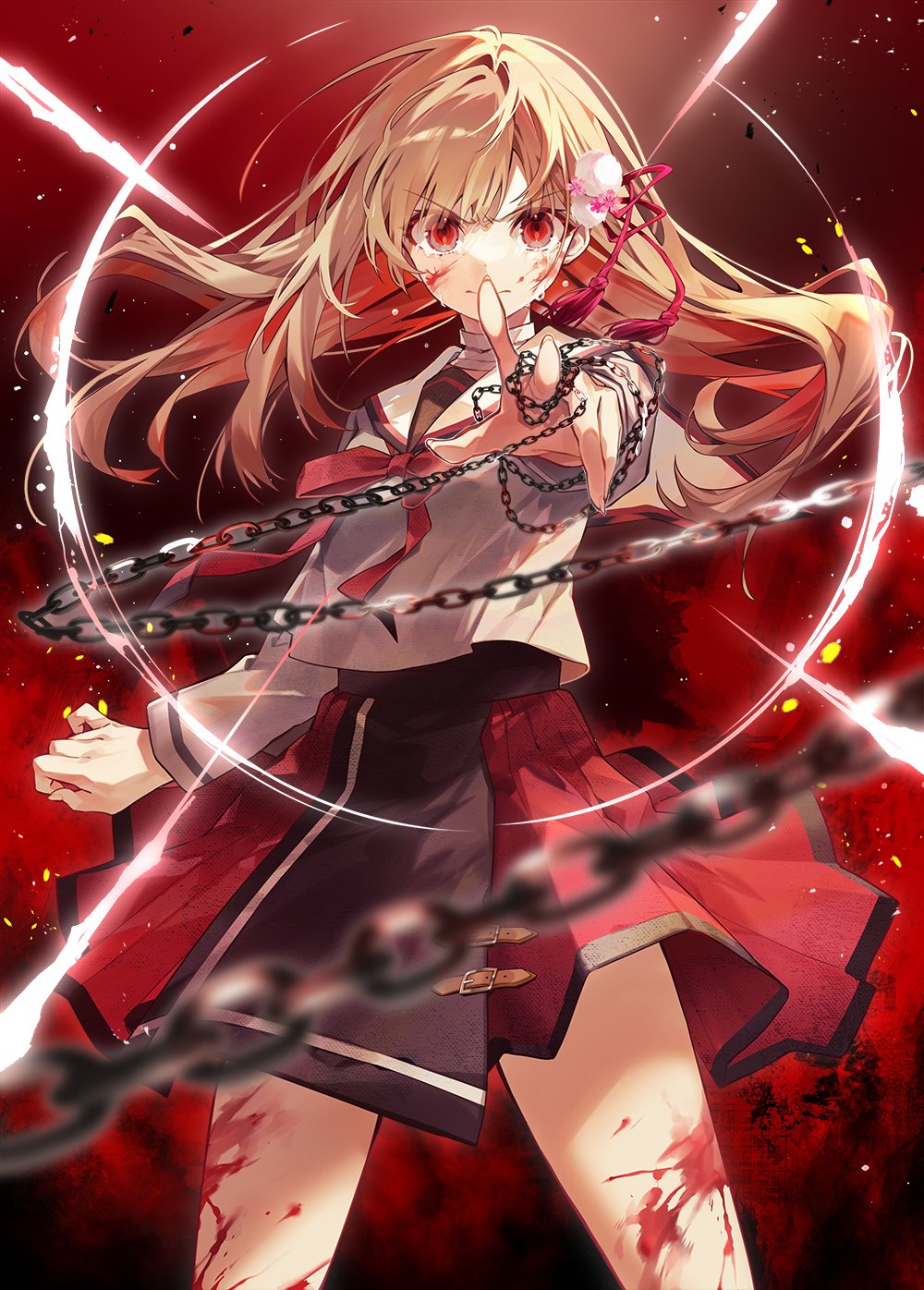 1girl blonde_hair blood blood_on_face blood_on_leg buckle chain character_request commentary_request copyright_request hair_ornament highres long_hair long_sleeves looking_at_viewer neckerchief oshio_(dayo) red_eyes red_neckerchief red_tassel school_uniform serafuku shirt skirt solo tassel v-shaped_eyebrows white_shirt