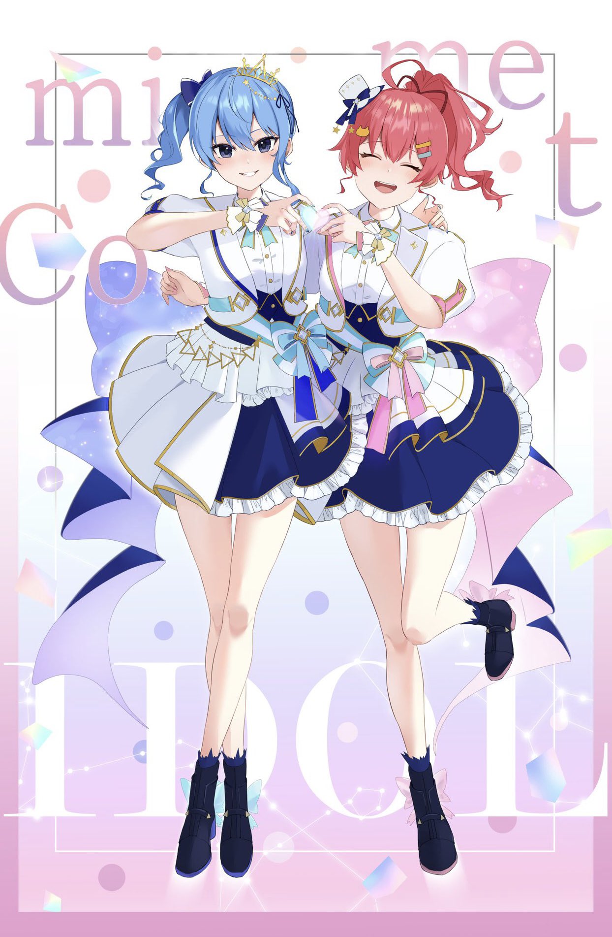 1girl 2girls ankle_boots aya02ka back_bow blue_eyes blue_hair blue_skirt blue_socks boots bow bow_skirt bowtie cat_hair_ornament commentary_request corset double-parted_bangs facing_viewer frilled_skirt frills full_body hair_ornament hairclip hand_on_another's_shoulder heart heart_hands heart_hands_duo highres hololive hololive_idol_uniform_(bright) hoshimachi_suisei hug jacket large_bow layered_skirt looking_at_viewer medium_hair miniskirt multiple_girls overskirt pink_hair puffy_short_sleeves puffy_sleeves sakura_miko sash shirt short_sleeves skirt socks solo underbust waist_bow waist_hug white_jacket white_shirt white_skirt winged_footwear wrist_cuffs