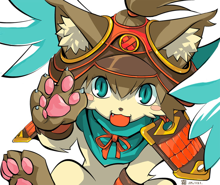 :d armor bandai_namco blue_eyes brown_hair brown_paws clothing domestic_cat felid feline felis feral fur hair hat headgear headwear jeacn male mammal open_mouth pawpads paws samurai_armor smile solo solo_focus summon_night tan_body tan_fur teeth tied_hair wings