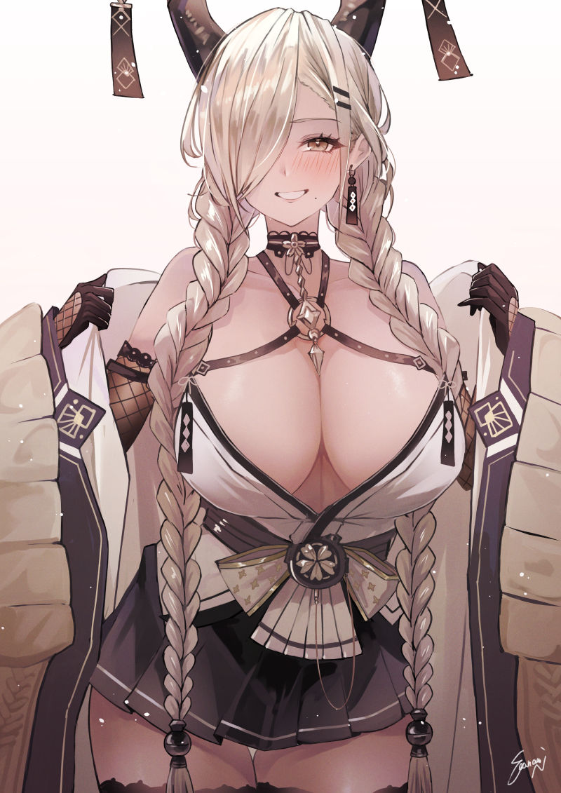 1girl azur_lane bare_shoulders black_choker black_gloves black_skirt blonde_hair blush braid breasts brown_eyes choker commentary_request cowboy_shot earrings gloves gradient_background hair_over_one_eye horns jewelry large_breasts looking_at_viewer mole mole_under_mouth off_shoulder one_eye_covered owari_(azur_lane) parted_lips pleated_skirt sea_nami skirt smile teeth twin_braids