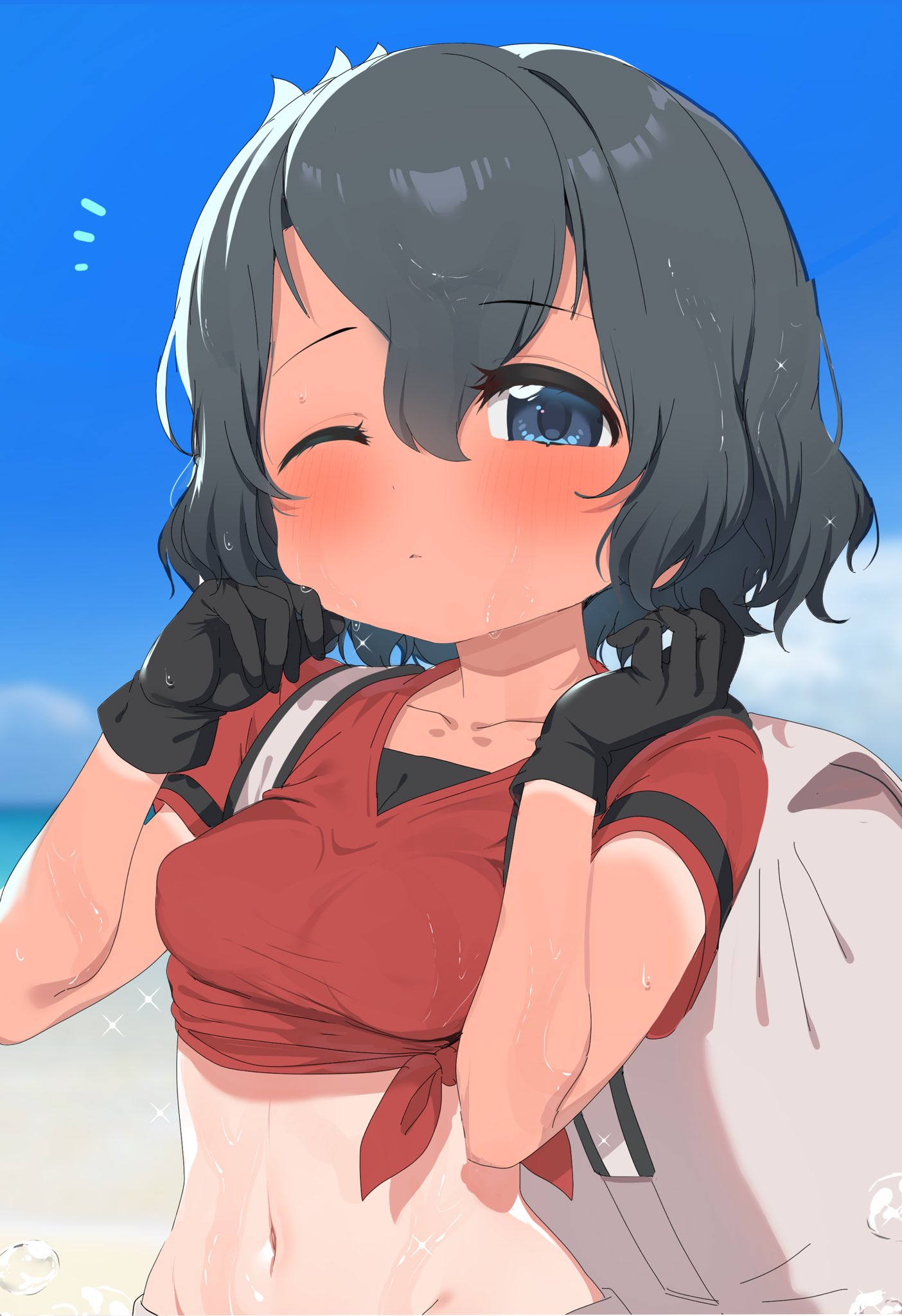 1girl backpack bag beach black_hair blue_eyes blush breasts burnt covered_nipples gloves hair_between_eyes highres kaban_(kemono_friends) kemono_friends looking_at_viewer medium_breasts midriff navel one_eye_closed ransusan red_shirt shirt short_hair solo sunburn