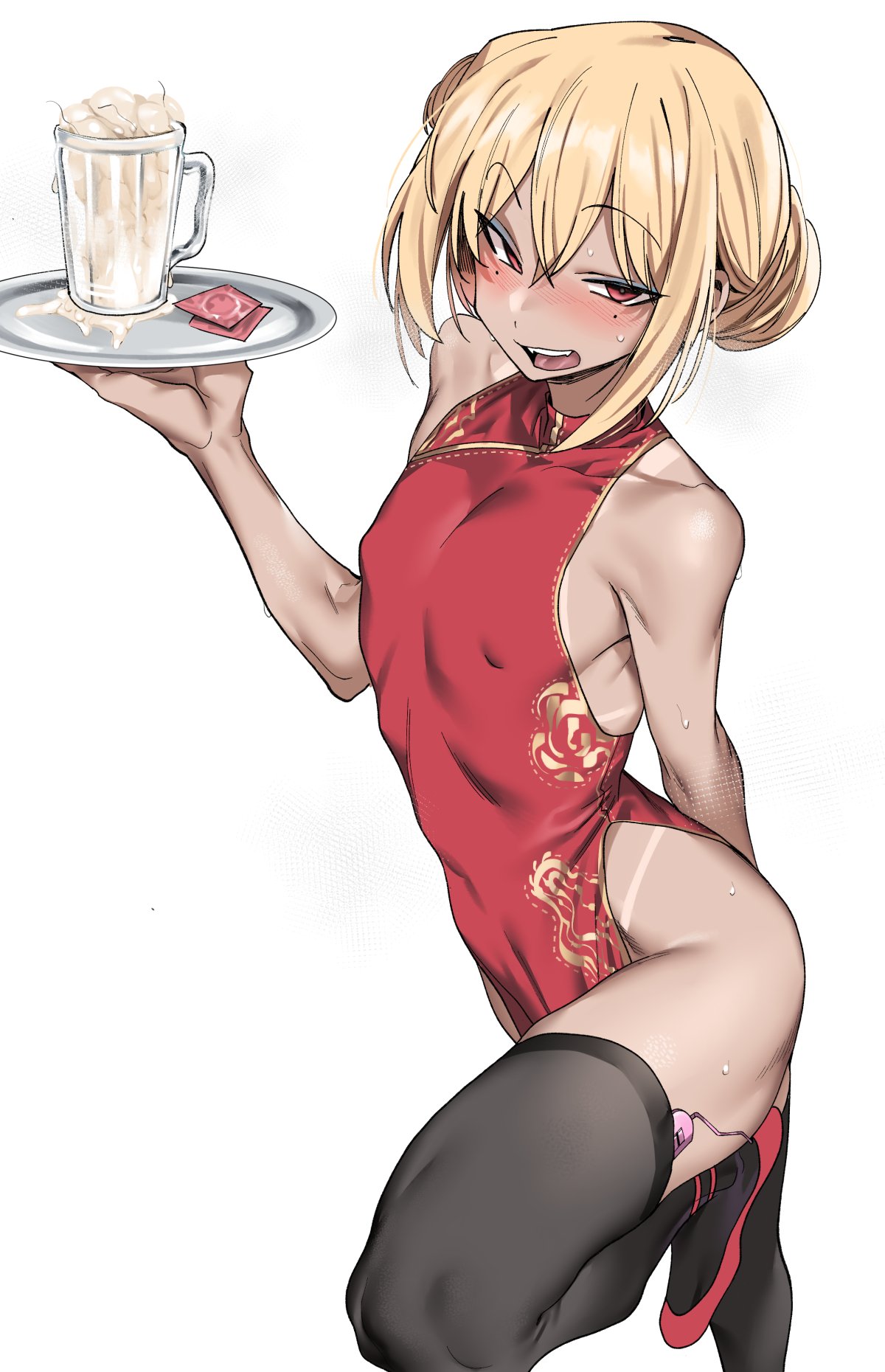 1other androgynous bare_shoulders beer_mug black_thighhighs blonde_hair blush china_dress chinese_clothes condom condom_wrapper copyright_request covered_nipples cum_in_container cum_in_cup cup dark_skin dress foot_out_of_frame hair_between_eyes high_heels highres holding holding_tray leg_up looking_at_viewer low-cut_armhole mole mole_under_eye mug open_mouth pelvic_curtain red_dress red_eyes red_footwear remote_control_vibrator seductive_smile sex_toy short_hair side_slit simple_background sleeveless sleeveless_dress smile solo standing standing_on_one_leg stray_pubic_hair sweat tan tanlines thighhighs tray tsurime urec vibrator vibrator_in_thighhighs white_background
