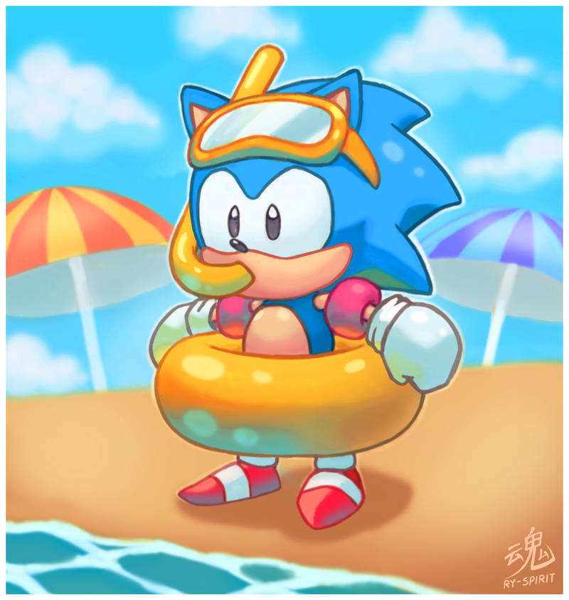 1boy artist_name beach beach_umbrella border diving_mask diving_mask_on_head furry furry_male gloves goggles goggles_on_head inflatable_armbands innertube male_focus ocean orange_innertube red_footwear ry-spirit solo sonic_(series) sonic_the_hedgehog standing umbrella water white_border white_gloves