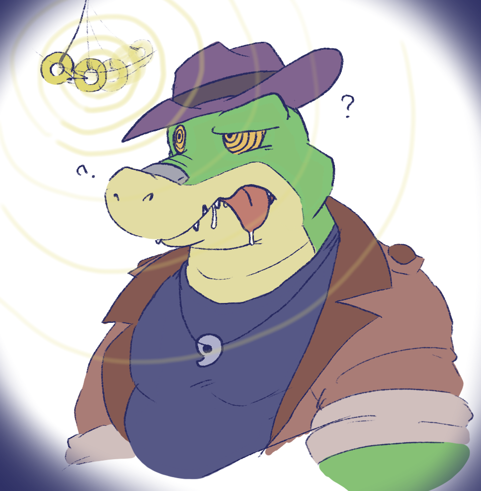 2023 alligator alligatorid anthro belly biped bodily_fluids brok_(character) brok_the_investigator clothing crocodilian di_gu_ru drooling green_body hat headgear headwear hypnosis kemono mind_control question_mark reptile saliva scalie shirt slightly_chubby solo tongue tongue_out topwear