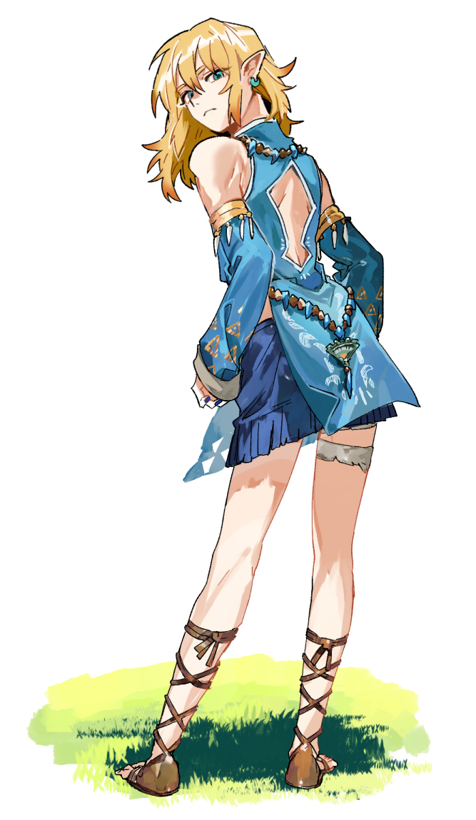 1girl back_cutout bare_shoulders bead_necklace beads blonde_hair blue_nails blue_shirt blue_skirt blue_sleeves clothing_cutout cross-laced_footwear detached_sleeves earrings from_behind genderswap genderswap_(mtf) grass green_eyes hair_between_eyes jewelry kyouichi legs_apart link looking_at_viewer looking_back medium_hair nail_polish necklace pointy_ears shirt sidelocks simple_background skirt solo the_legend_of_zelda the_legend_of_zelda:_tears_of_the_kingdom thigh_strap thighs white_background