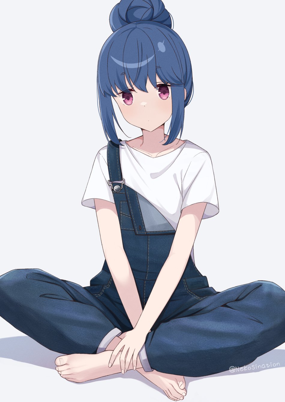 1girl barefoot blue_hair blue_overalls crossed_legs denim dot_mouth dot_nose expressionless feet full_body hair_bun hand_on_floor hand_on_own_foot highres loose_clothes nekosination overalls purple_eyes shima_rin shirt single_hair_bun sitting solo toenails toes white_background white_shirt yurucamp