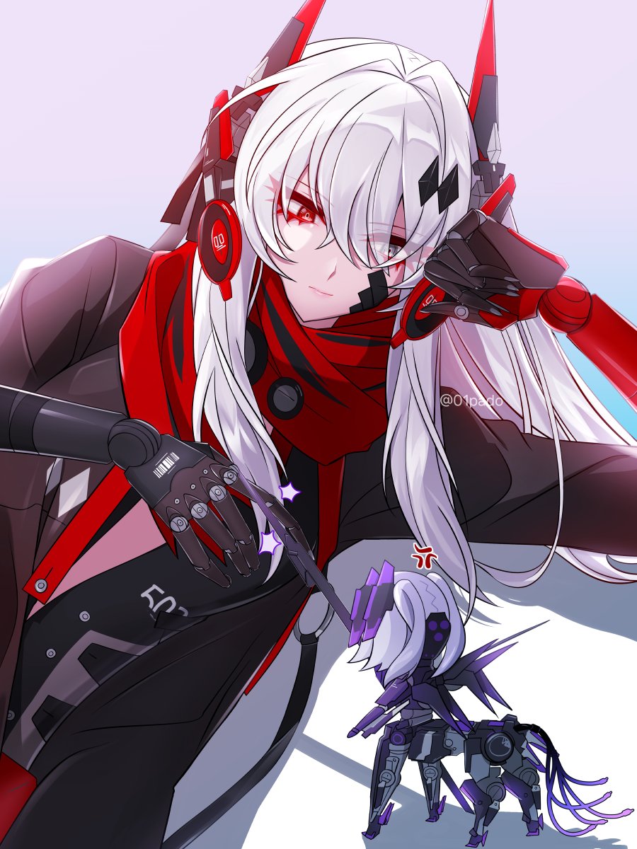 01pado_pado 2girls alpha_(punishing:_gray_raven) anger_vein annoyed black_jacket centaur grey_eyes grey_hair hair_ornament headgear headphones heterochromia highres holding holding_polearm holding_weapon jacket joints long_hair lucia:_crimson_abyss_(punishing:_gray_raven) mechanical_arms mechanical_wings multiple_girls open_clothes open_jacket polearm punishing:_gray_raven red_eyes red_scarf robot_joints rosetta_(punishing:_gray_raven) scarf sidelocks size_difference taur twintails twitter_username watermark weapon white_hair wings