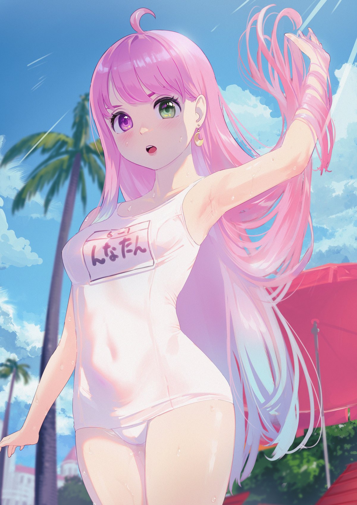 1girl :o ahoge aqua_hair arm_up armpits bare_arms bare_shoulders beach_umbrella blue_sky breasts cloud collarbone commentary covered_navel cowboy_shot crescent crescent_earrings day earrings gradient_hair green_eyes hair_down hair_flip hands_in_hair heterochromia highres himemori_luna hololive jewelry light_blush long_hair medium_breasts multicolored_hair name_tag old_school_swimsuit one-piece_swimsuit open_mouth outdoors palm_tree pink_hair purple_eyes school_swimsuit sky solo swimsuit takami_masahiro translated tree umbrella very_long_hair virtual_youtuber water_drop white_one-piece_swimsuit