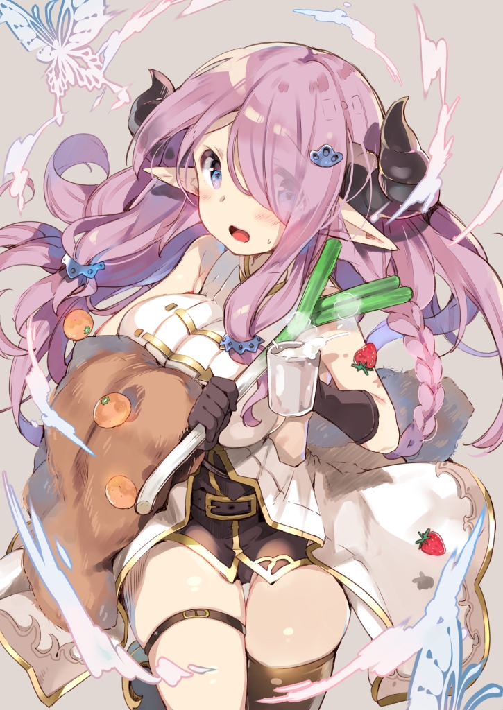 1girl black_gloves black_panties black_thighhighs blue_eyes blush braid breasts bug butterfly cup draph food fruit gloves granblue_fantasy grey_background hair_ornament hair_over_one_eye holding holding_cup horns kibii_mocha large_breasts long_hair looking_at_viewer narmaya_(granblue_fantasy) open_mouth orange_(fruit) panties pantyshot pointy_ears side_braid simple_background single_thighhigh solo spring_onion strawberry sweat thigh_strap thighhighs underwear very_long_hair