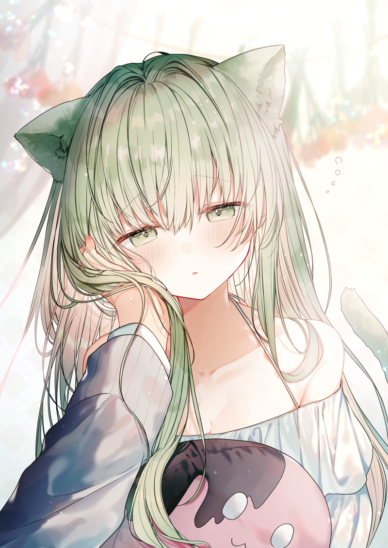 1boy 1girl animal_ear_fluff animal_ears bare_shoulders blurry blurry_background blush breasts cat_ears cat_girl cat_tail cecilia_(shiro_seijo_to_kuro_bokushi) cleavage collarbone commentary_request depth_of_field dress green_eyes green_hair hair_between_eyes half-closed_eyes hand_on_another's_face kazutake_hazano kemonomimi_mode lawrence_(shiro_seijo_to_kuro_bokushi) long_hair off-shoulder_dress off_shoulder parted_lips shiro_seijo_to_kuro_bokushi small_breasts tail very_long_hair white_dress