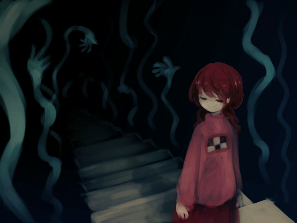 1girl alternate_hair_color arms_at_sides black_background braid closed_eyes closed_mouth cowboy_shot dark darkness disembodied_limb expressionless facing_back from_above horror_(theme) light long_hair madotsuki mosamochi no_mouth no_nose red_hair red_skirt shadow sidelocks skirt solo stairs standing sweater swept_bangs turtleneck turtleneck_sweater twin_braids twintails yume_nikki