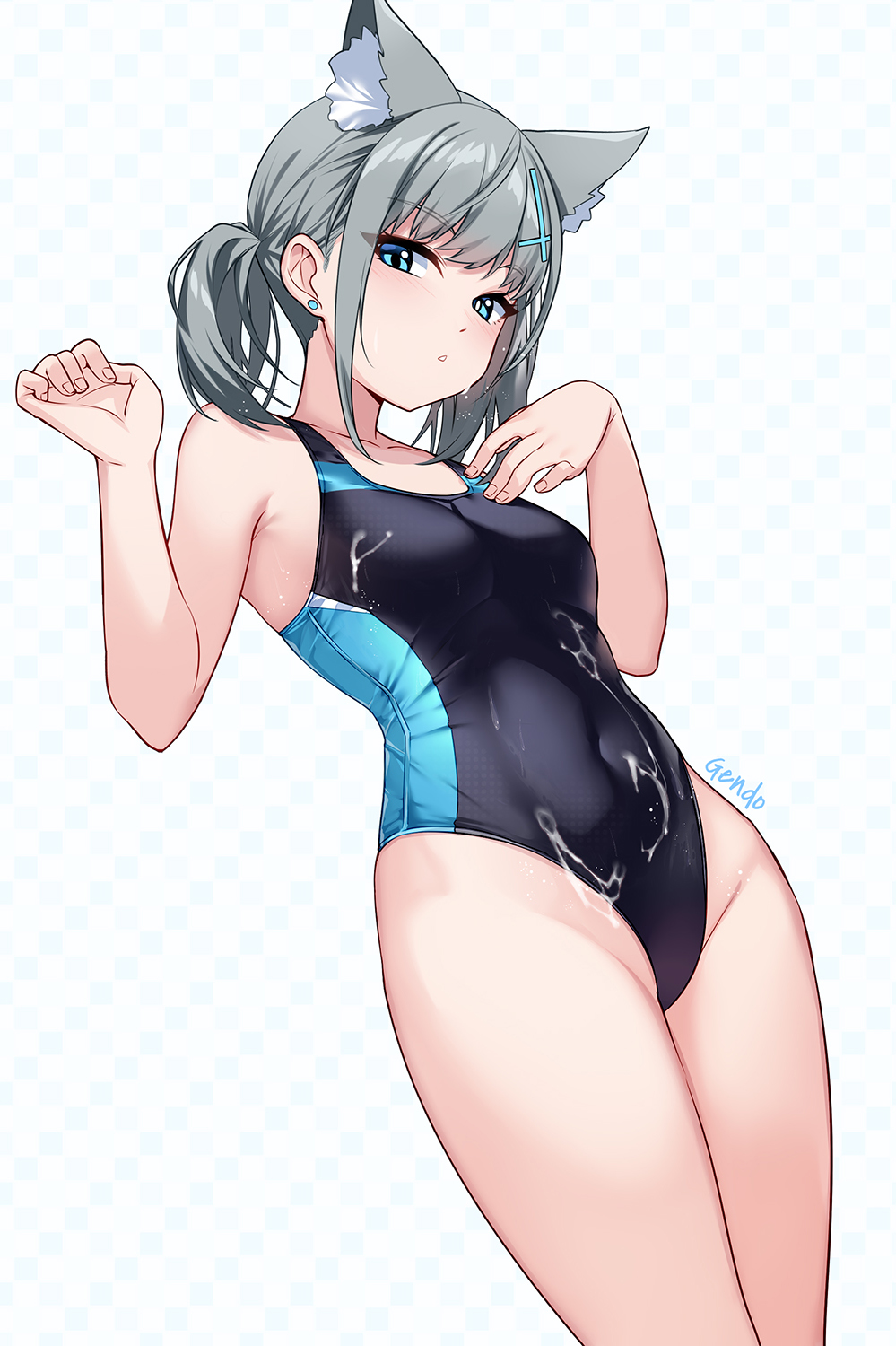 1girl animal_ear_fluff animal_ears bare_shoulders blue_archive blue_eyes blue_one-piece_swimsuit breasts collarbone covered_navel cross_hair_ornament extra_ears gendo0032 grey_hair hair_ornament highleg highleg_swimsuit highres looking_at_viewer medium_breasts medium_hair multicolored_clothes multicolored_swimsuit one-piece_swimsuit shiroko_(blue_archive) shiroko_(swimsuit)_(blue_archive) short_ponytail sidelocks solo swimsuit thighs wolf_ears