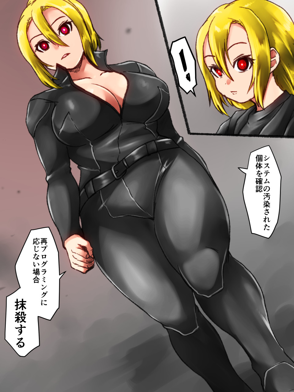 2girls android blonde_hair breasts commission glowing glowing_eyes highres isna_(footprintsofisna) jumpsuit large_breasts multiple_girls pixiv_commission red_eyes t-800 t-850 terminator_(series) the_terminator